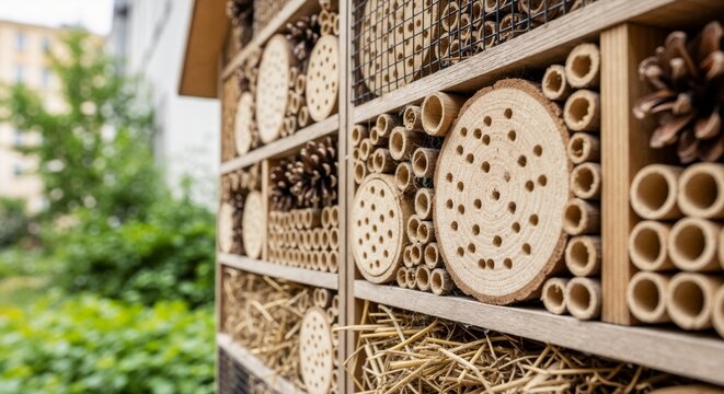 Close up of a wooden insect hotel with bamboo and pine cones. Bug house habitat for bees and pollinators in a garden. Ecology and biodiversity conservation concept