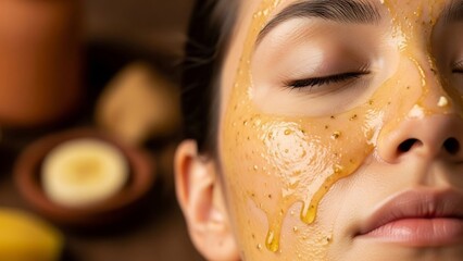 A young woman's face covered in a thick, golden honey mask, with drips of honey flowing down her skin.