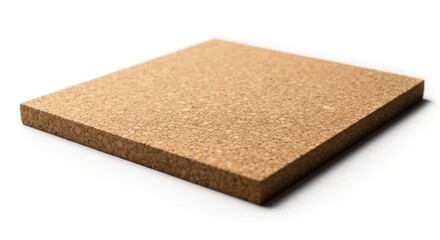 A square panel of recycled cork board showing its natural granular texture. Eco-friendly and sustainable material isolated on a white background