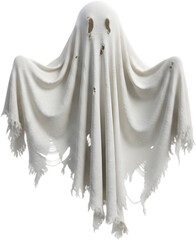 Floating white ghost made of tattered sheet cloth. Spooky Halloween character for scary party decorations and horror themes.