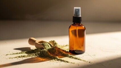 Amber glass spray bottle next to a wooden scoop filled with green powder and scattered herbs on a textured surface with dramatic lighting