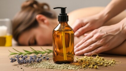 Amber massage oil bottle with lavender and chamomile herbs, hands massaging a person's back in the background