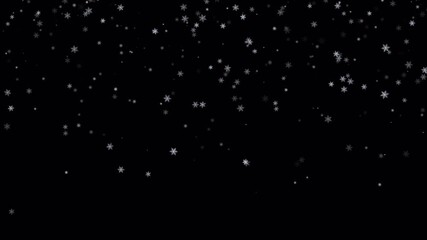 Snowfall animation on black background, white snow particles falling naturally with soft motion for winter scenes, seasonal overlays, and atmospheric night visuals