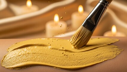 Applying golden turmeric paste with a soft brush on skin, surrounded by warm, glowing candles for a spa or wellness treatment.