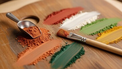 Artist's wooden palette with scattered dry pigments in various earthy colors and a metal scoop, alongside a paintbrush.
