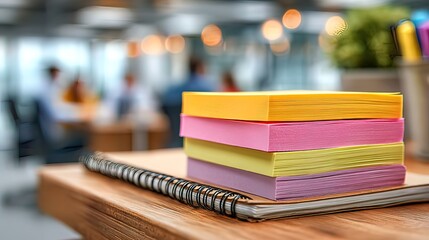 Sticky notes and notebook on office table with blurred business team in meeting background showing workplace creativity planning brainstorming teamwork and productivity. High quality. High quality