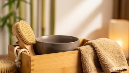 Bamboo spa set with natural bristle body brush, grey ceramic bowl, and soft textured towel, creating a serene relaxation ambiance