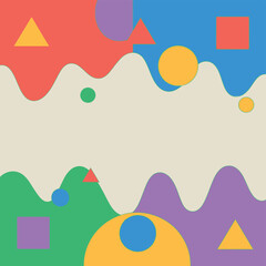 A colorful abstract background with geometric shapes and wavy lines creates a playful design.