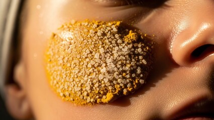 Close-up on a person's cheek with a textured facial mask of turmeric powder and coarse salt, highlighting skin care and natural ingredients.