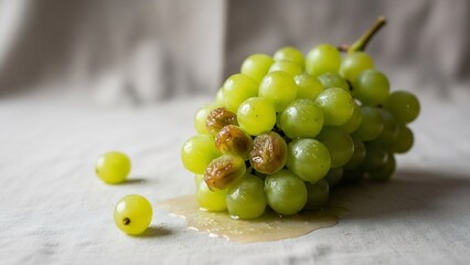 Cluster of fresh green gs with some shriveled raisins and juice pooling on a textured surface