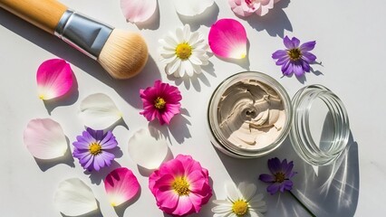 Cosmetic clay mask in a glass jar with a makeup brush and colorful flower petals on a bright surface