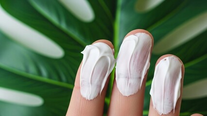 Creamy white lotion swatched on fingertips against a blurred green tropical leaf background