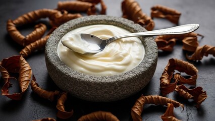 Creamy white yogurt swirls in a textured stone bowl with a silver spoon, surrounded by dried brown autumn leaves on a dark surface.