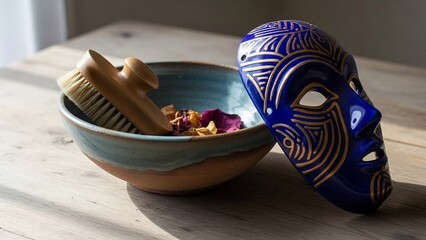 Decorative blue and gold mask and wooden massage brush with dried flower petals in a ceramic bowl on a wooden surface