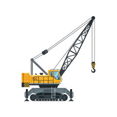 Naklejka premium Modern construction crane with detailed arm and pulley system used for heavy lifting and