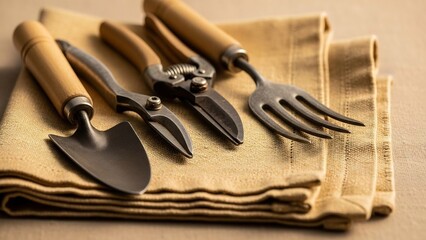 Gardening tools, including a trowel, pruning shears, and fork, laid on stacked natural linen napkins