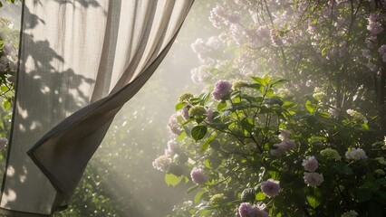 Gentle morning light filters through sheer curtains onto a blooming garden with soft pink hydrangeas and lush green foliage.
