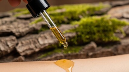 Golden oil dripping from a glass dropper onto a smooth surface with a blurred background of mossy bark