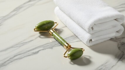 Green jade facial roller with gold accents and fluffy white towels on a marble surface, spa and beauty concept