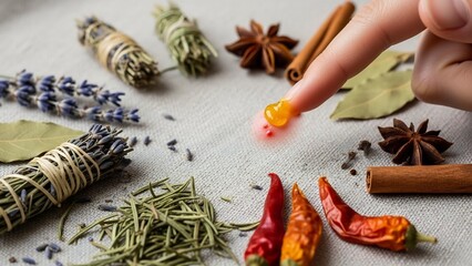 Hand with honey dripping onto finger surrounded by dried herbs, es, and chili peppers for culinary or aromatherapy preparation