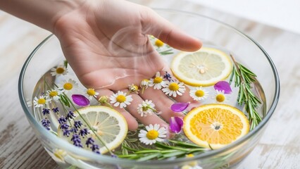 Hand soaking in a glass bowl of water with fresh citrus slices, chamomile flowers, lavender sprigs, and rosemary for a relaxing spa treatment.