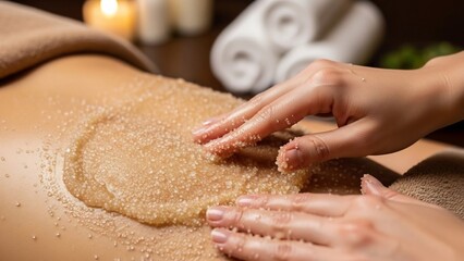 Hands applying a coarse, granular brown sugar scrub to a person's back during a spa treatment, with rolled towels and a candle in the background.