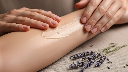 Hands applying a light-colored, creamy substance to a person's arm, with a sprig of lavender nearby.