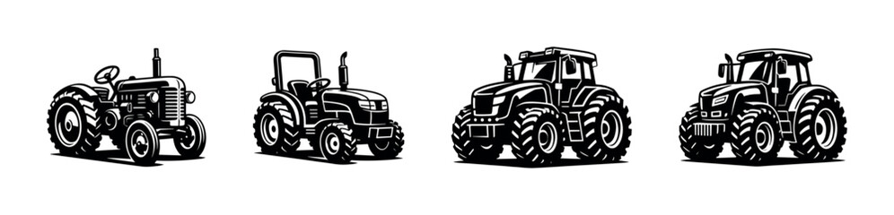 Obraz premium Vintage and modern tractors, flat vector illustration, farming vehicles, machinery