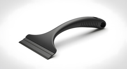 Black ice scraper with curved handle on white background