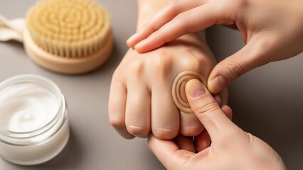 Hands applying cream and using a facial roller for skincare and self-care routine with a dry brush in background