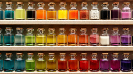 Colorful glass bottles filled with various vibrant liquids arranged neatly on wooden shelves, showcasing a spectrum of hues and textures in an artistic display of color