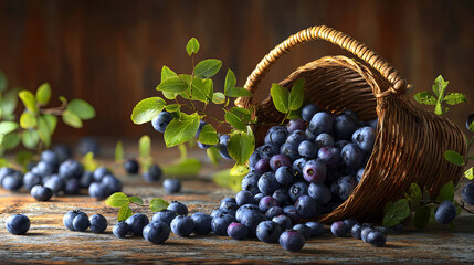 Fresh blueberries spilling from a woven basket onto a rustic wooden table, surrounded by green leaves, creating a vibrant and inviting natural scene
