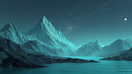 Majestic mountain landscape under a starry night sky, with turquoise hues reflecting on calm water, creating a serene and tranquil atmosphere in a fantasy setting