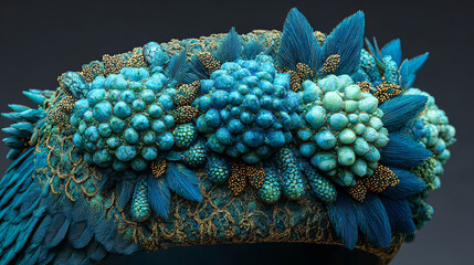 Vibrant blue floral headpiece adorned with intricate textures and rich details, showcasing a stunning blend of colors and materials, perfect for artistic expression and fashion design