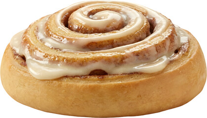 Baked cinnamon roll with white icing glaze. Sweet breakfast pastry for bakery shops and morning coffee accompaniment visuals.
