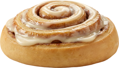 Baked cinnamon roll with white icing glaze. Sweet breakfast pastry for bakery shops and morning coffee accompaniment visuals.