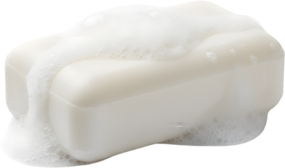 White bar of soap with foamy bubbles on top. Hygiene product for bathroom cleanliness and skin care washing advertisements.