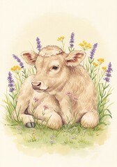 水彩の仔牛と野花