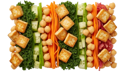 Colorful salad with tofu chickpeas kale carrots cucumber isolated on a transparent background