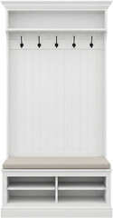 White wooden hallway coat rack bench unit. Mudroom furniture piece for home organization and interior design catalogs.