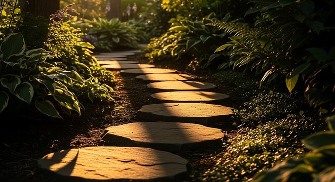 Sun-kissed stepping stones weaving through verdant garden, a tranquil path illuminated by golden hour light,