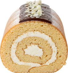 Sponge cake swiss roll with cream filling and chocolate topping. Sweet dessert cake for tea time snacks and bakery displays.