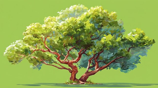 Vibrant Green Tree with Textured Bark and Lush Foliage on Solid Background
