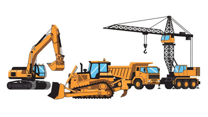 Construction Vehicles - Excavator, Bulldozer, Dump Truck, and Crane Illustration. © crsnd