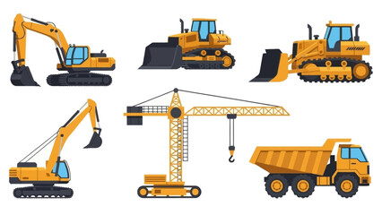Construction Vehicles - Excavators, Bulldozers, Crane, and Dump Truck. © crsnd