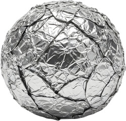 Sphere made of crumpled aluminum foil isolated on white background representing recycling metal texture and waste management concepts for environmental design