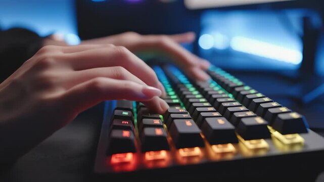 Hands typing on a backlit keyboard