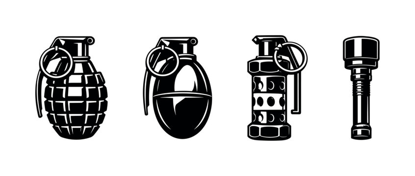 Hand grenade collection, military explosive, tactical, flat vector illustration