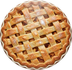 Whole baked apple pie with lattice crust isolated on white background top view delicious traditional dessert for holidays and bakery menus