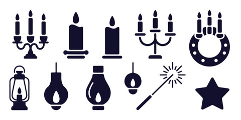 Set of candle light and lantern silhouette icons featuring star and magic wand © MDABDUR